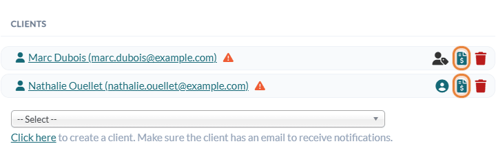 Create an invoice icons next to each client of the appointment