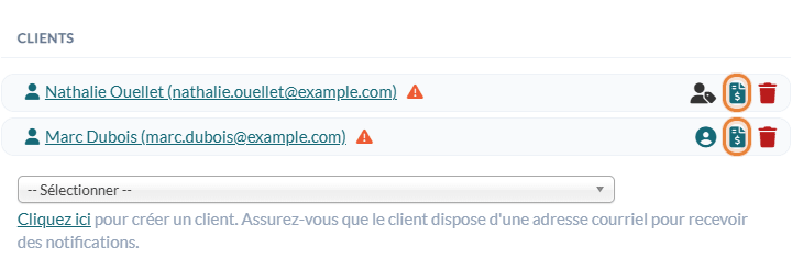 Icônes Créer une facture à côté de chaque client du rendez-vous