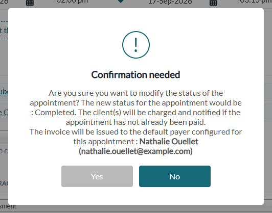 Confirmation window naming the default payer of the appointment