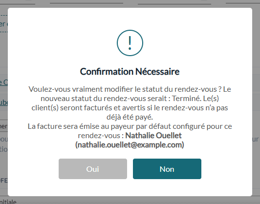 Fenêtre de confirmation indiquant le payeur par défaut du rendez-vous