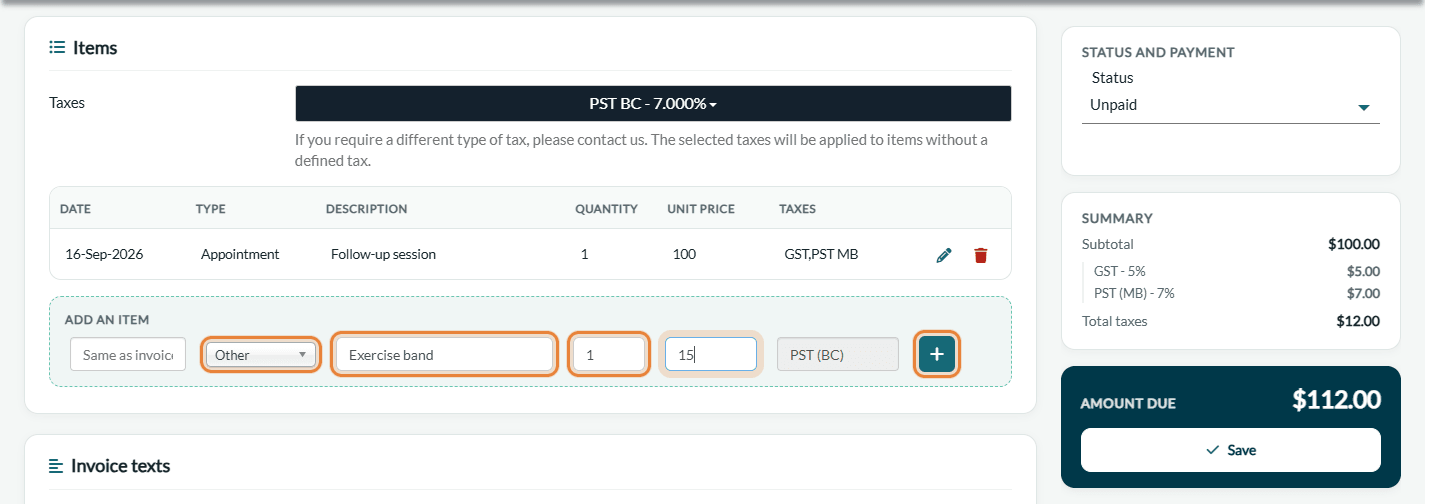 New line of type Other filled in under Add an item, in the Items card