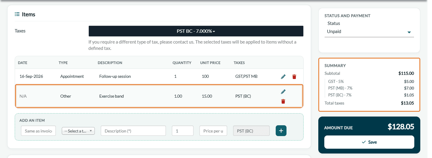 The new line added to the invoice, with the updated Summary and amount due in the side panel