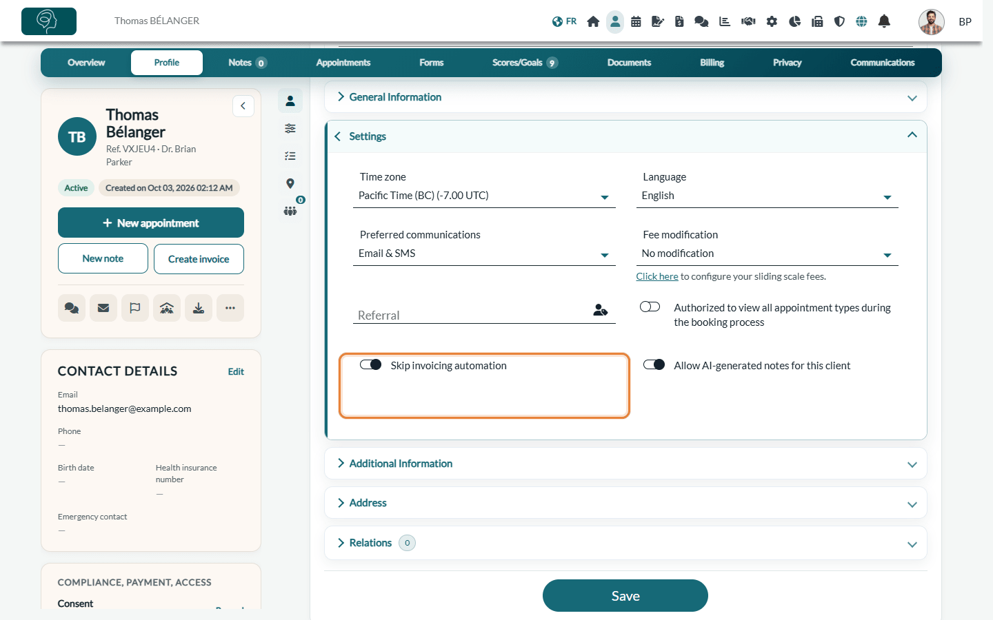 Skip invoicing automation option in the Settings section of the client's Profile tab