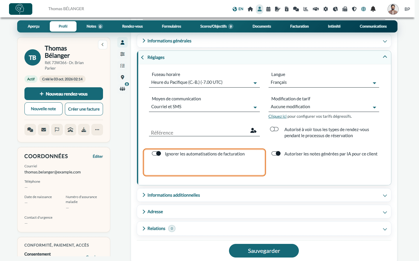 Option Ignorer les automatisations de facturation dans la section Réglages de l'onglet Profil du client
