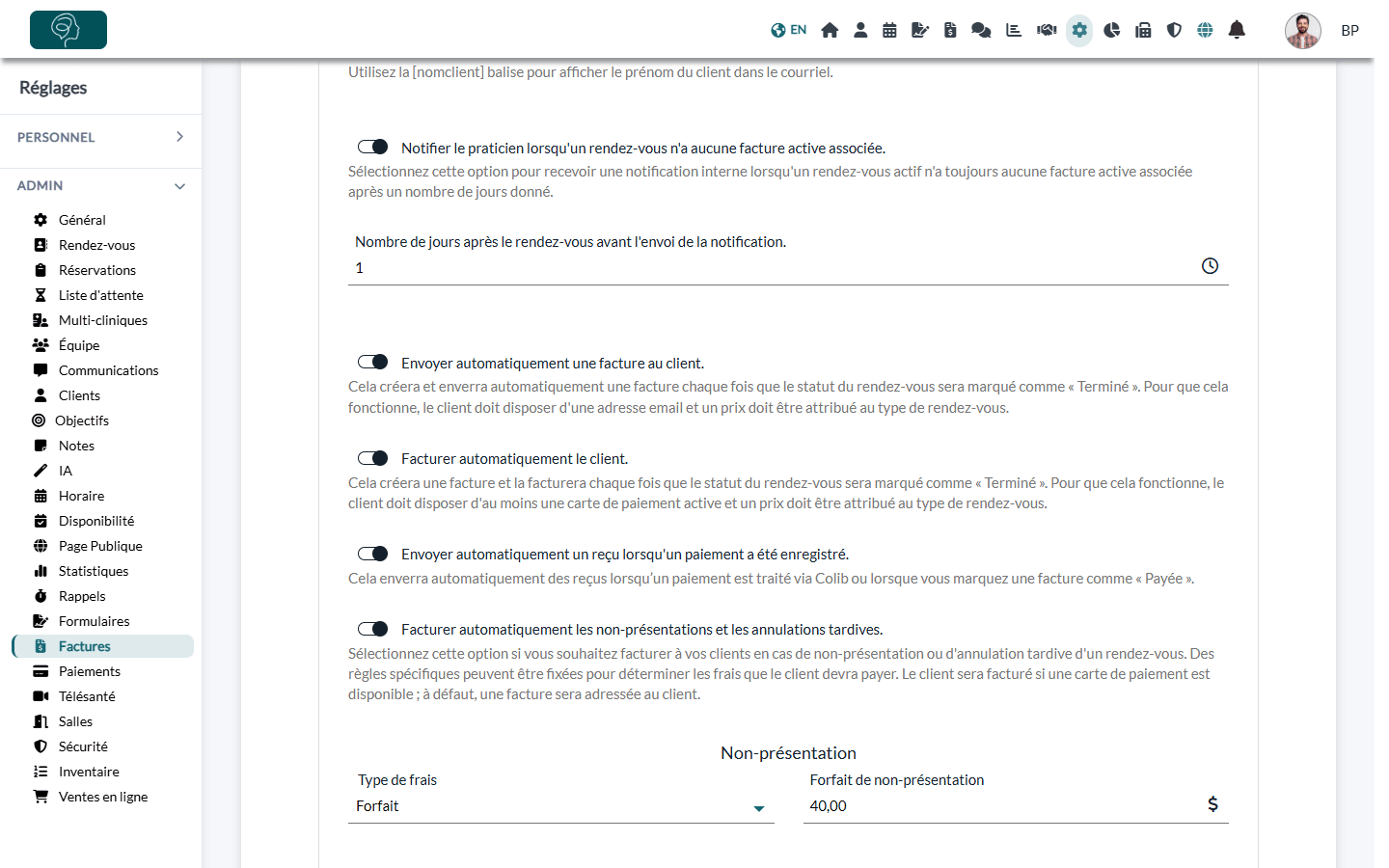 Section Automatisation dans Réglages > Factures