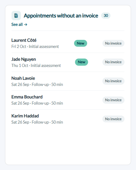 Appointments without an invoice card on the Colib home page