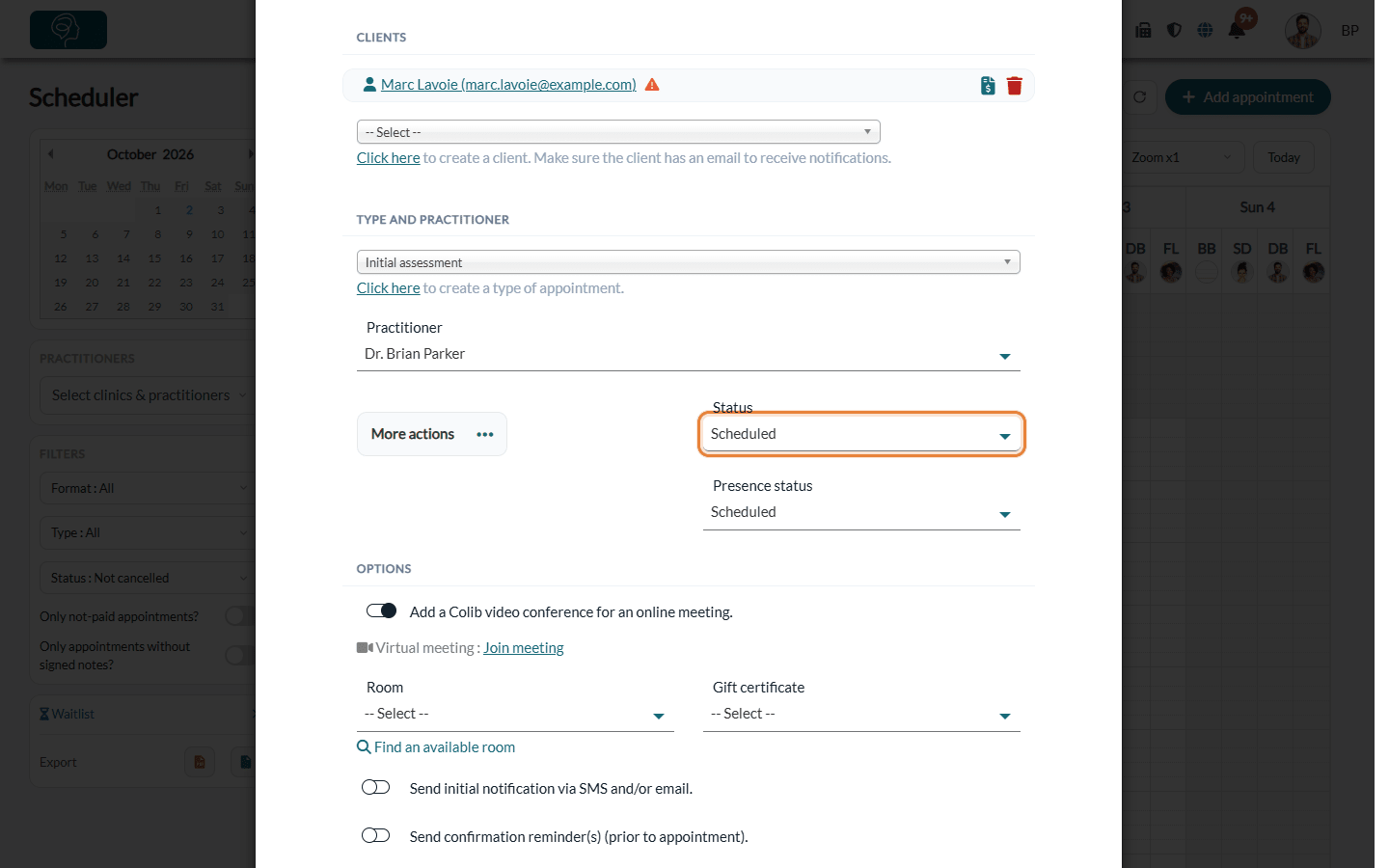 Status field in the appointment window
