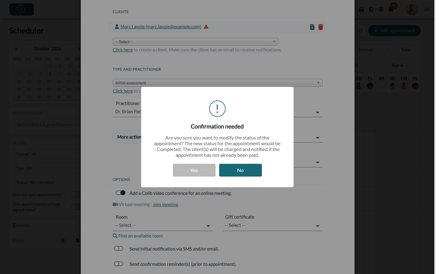 Confirmation window displayed when an appointment is marked as Completed with invoicing automation turned on