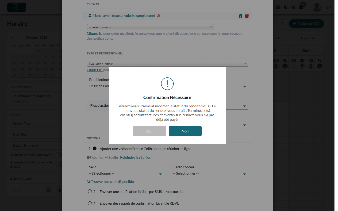 Fenêtre de confirmation affichée lorsqu'un rendez-vous est marqué Terminé avec l'automatisation de facturation activée