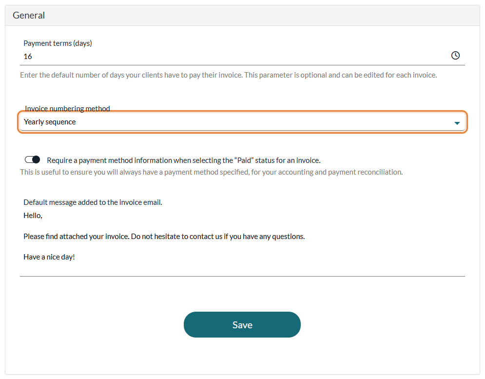 General section of Settings > Invoices with the Invoice numbering method list