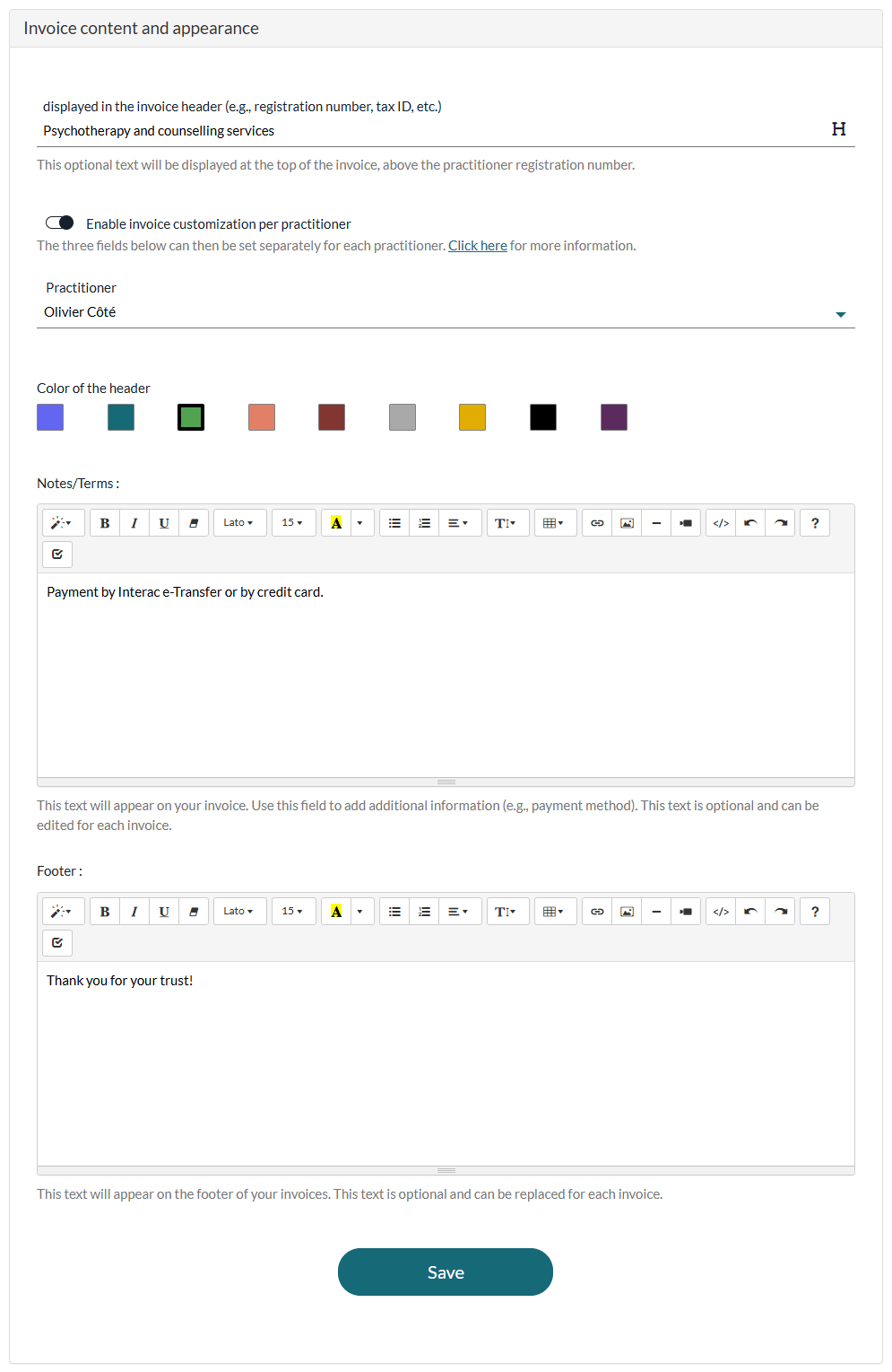 Invoice content and appearance section of Settings > Invoices