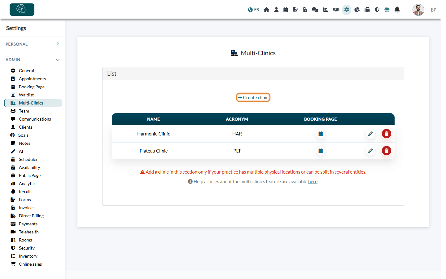 List of clinics in Settings > Multi-Clinics with the Create clinic button