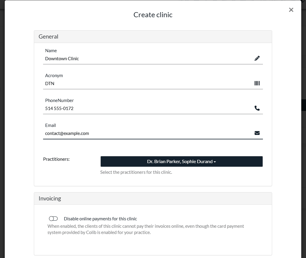 Create clinic window: name, acronym, phone number, email and practitioners