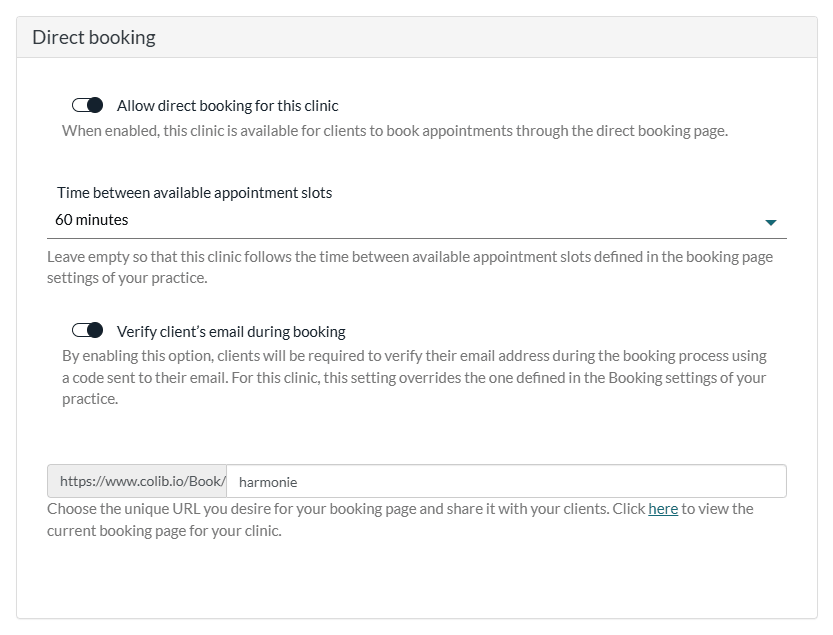 Direct booking section of a clinic: direct booking, time between slots, email verification and booking page URL