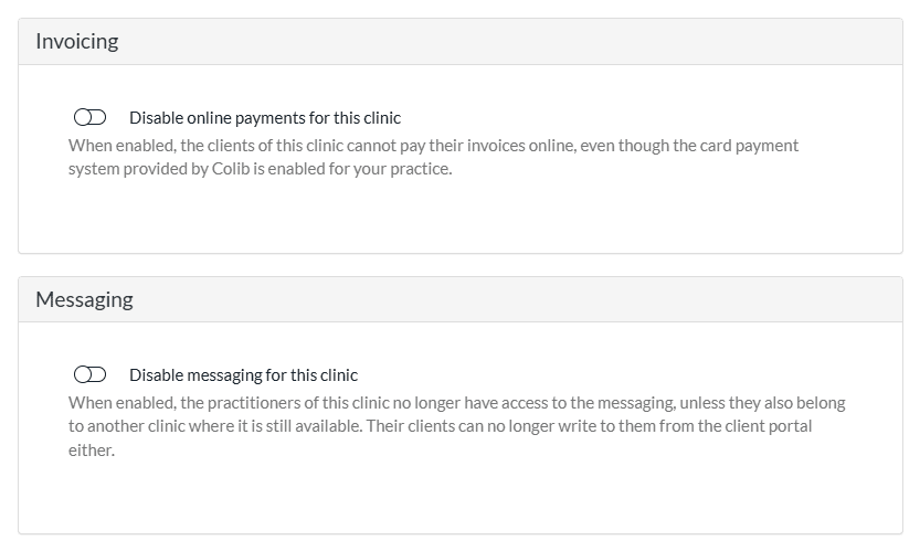 Invoicing and Messaging sections of a clinic