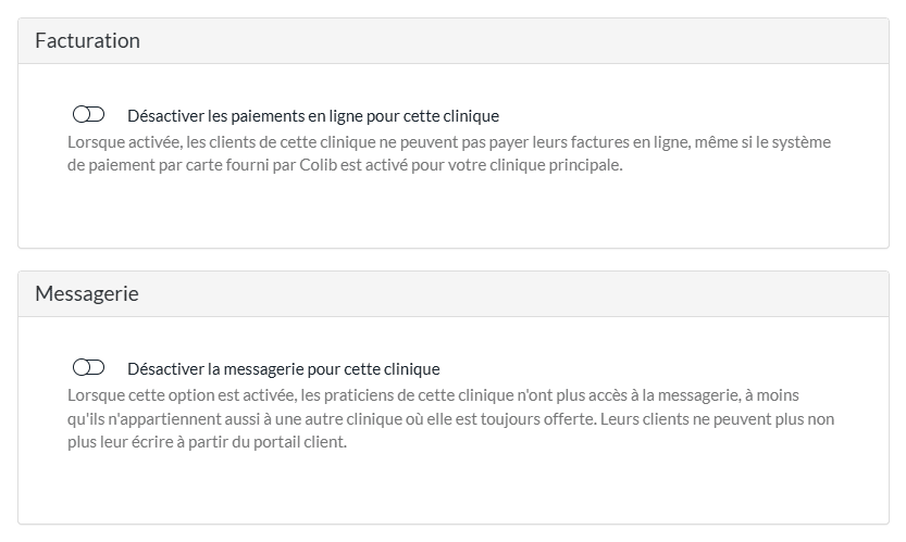 Sections Facturation et Messagerie d'une clinique