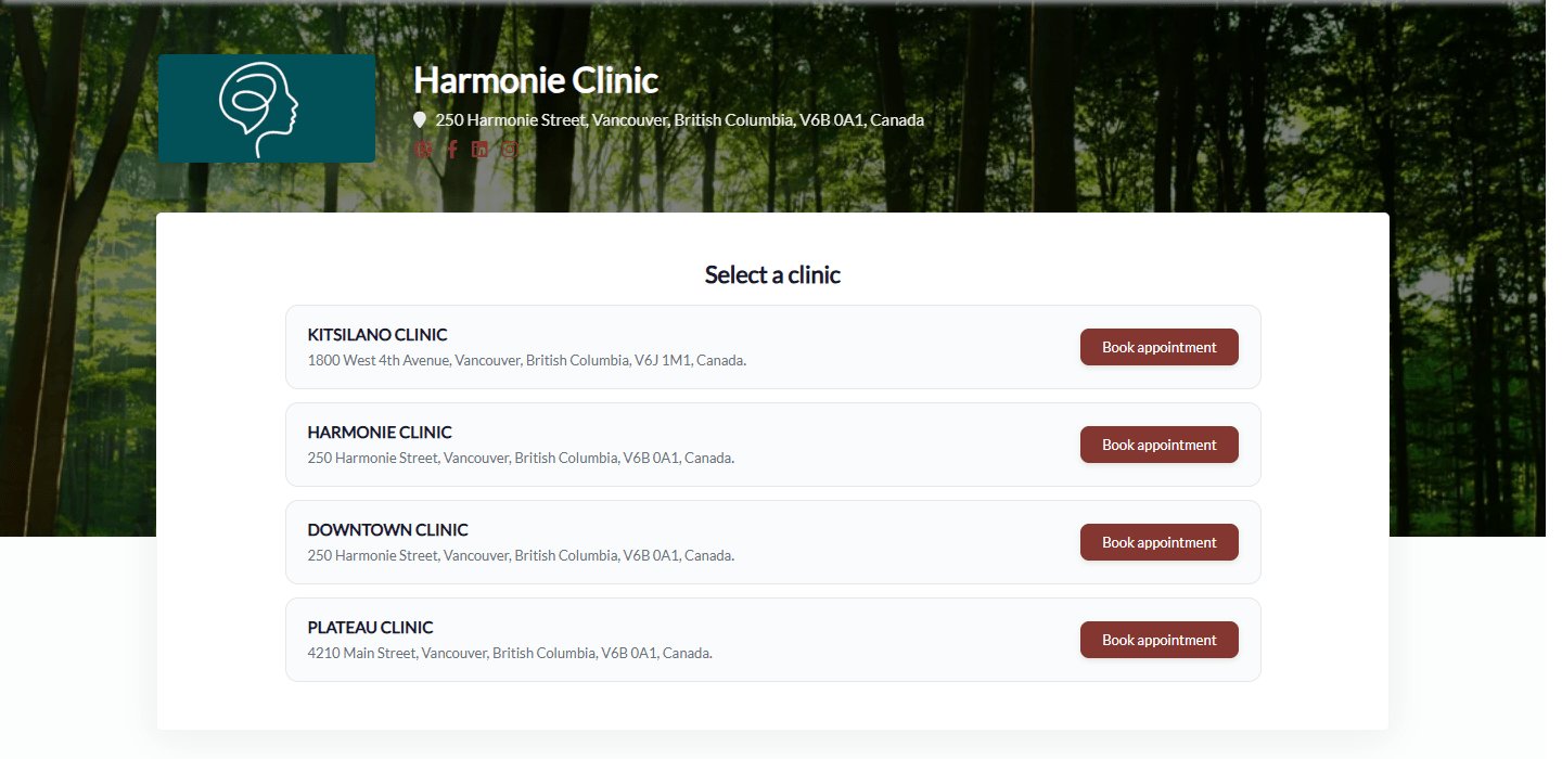 Select a clinic page listing each clinic with its address and a Book appointment button