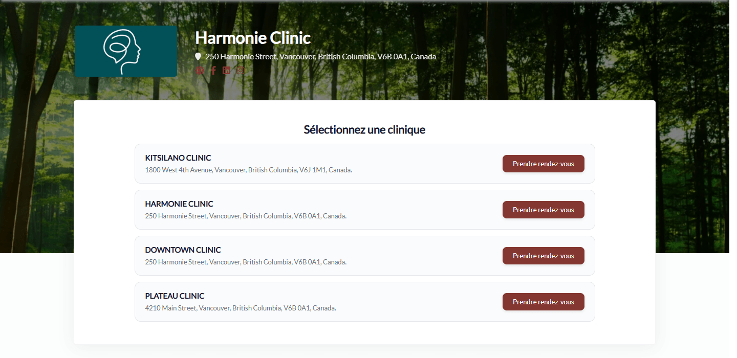 Page Sélectionnez une clinique avec l'adresse de chaque clinique et un bouton de réservation