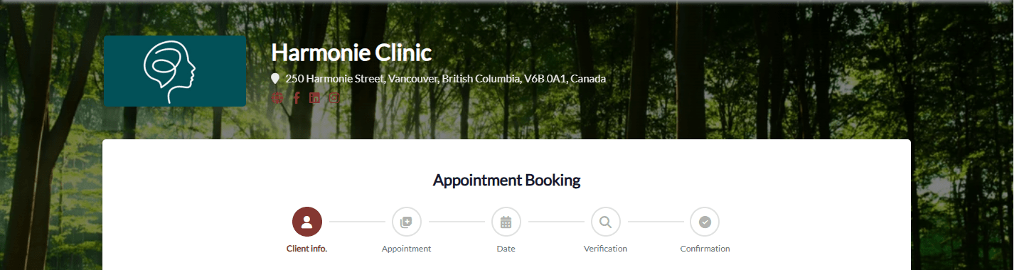 Booking page of a clinic with its name and address