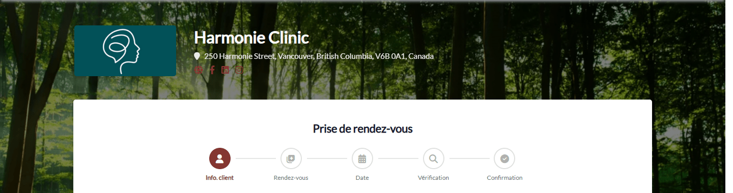 Page de réservation d'une clinique avec son nom et son adresse