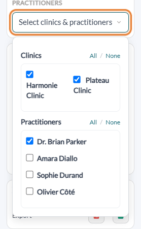 Select clinics and practitioners selector of the scheduler with the Clinics and Practitioners parts