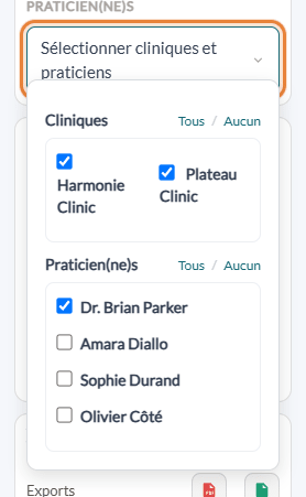 Sélecteur Sélectionner cliniques et praticiens de l'horaire avec les parties Cliniques et Praticiens