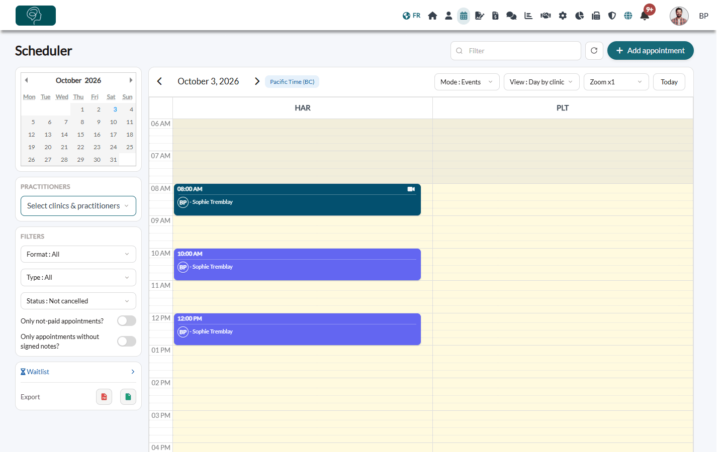 Day by clinic view of the scheduler with one column per clinic acronym