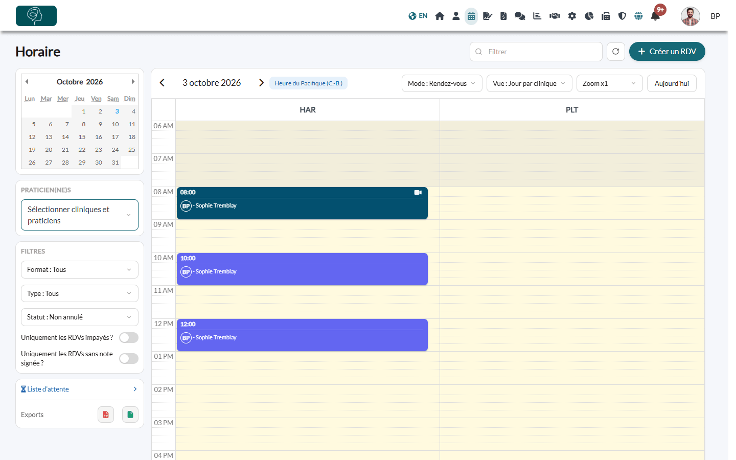 Vue Jour par clinique de l'horaire avec une colonne par acronyme de clinique