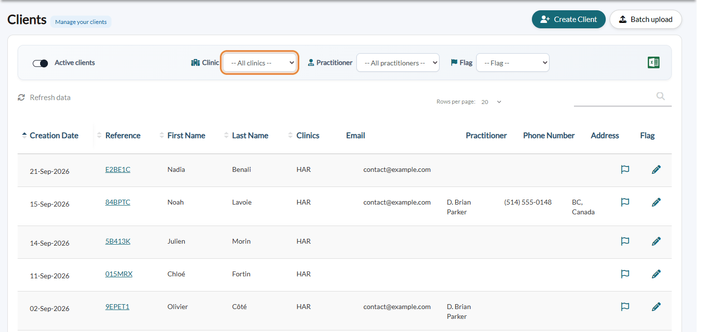 Client list with the Clinic filter and the Clinics column