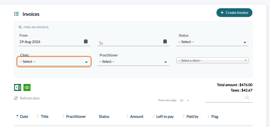 Clinic filter in Find an invoice on the Invoices page