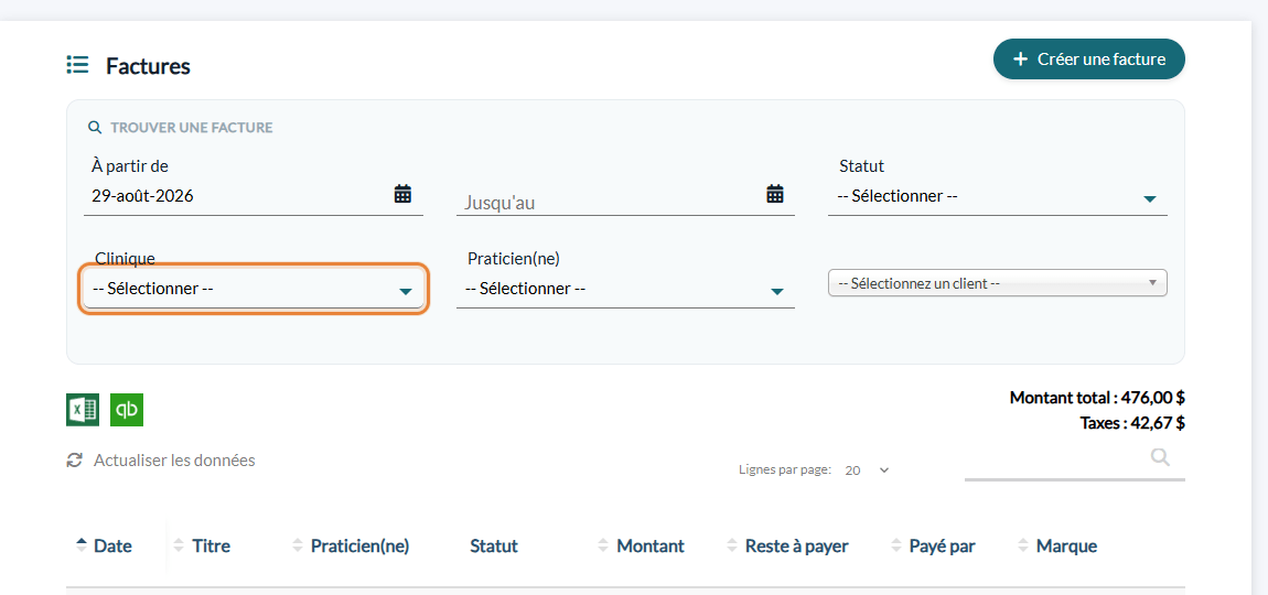 Filtre Clinique dans Trouver une facture sur la page Factures
