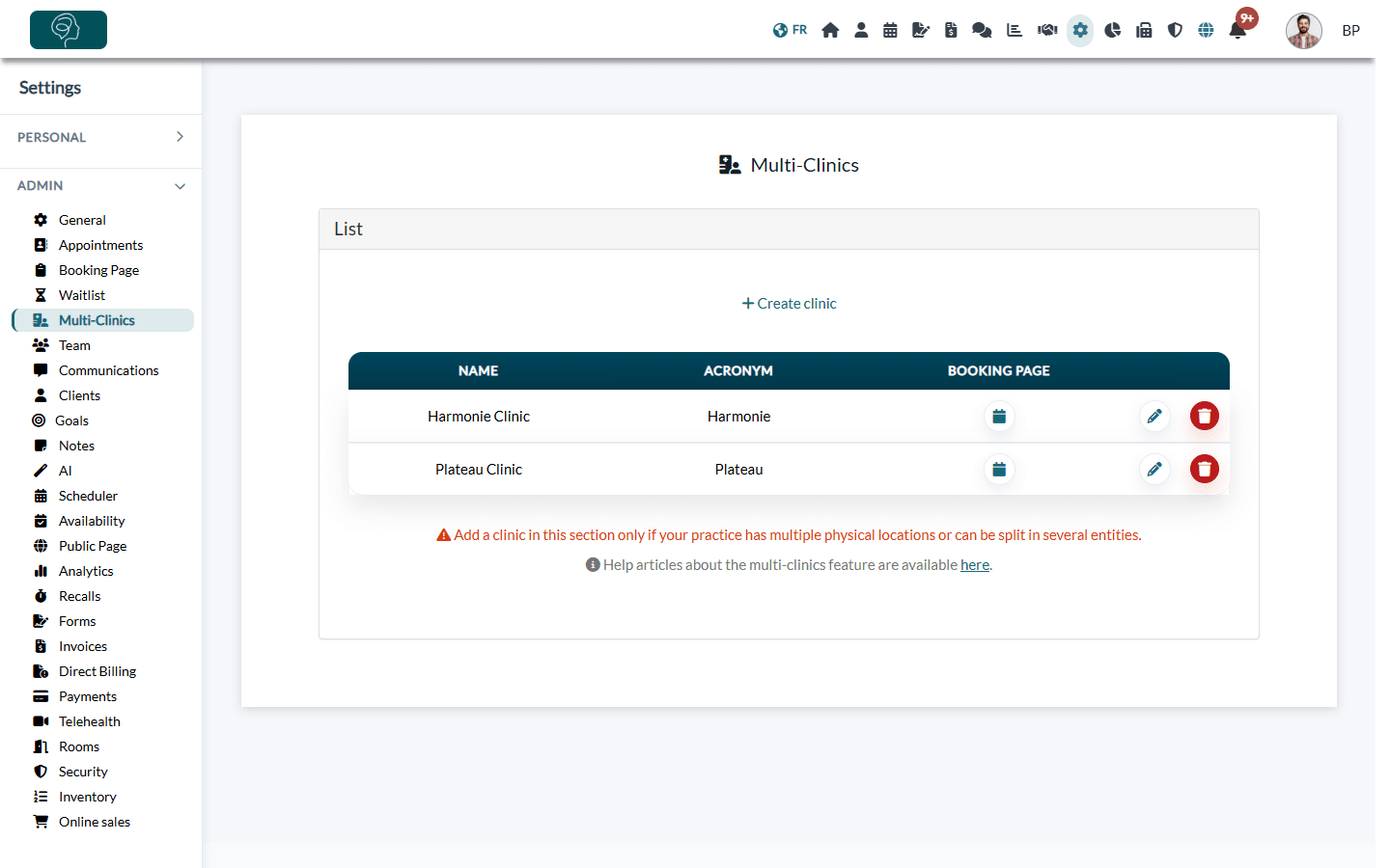 Multi-Clinics tab in Settings with the list of clinics, their acronym and booking page