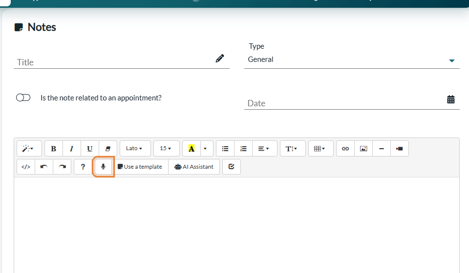Microphone button in the toolbar of the note editor