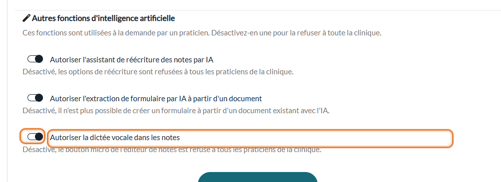 Interrupteur Autoriser la dictée vocale dans les notes dans Réglages > IA