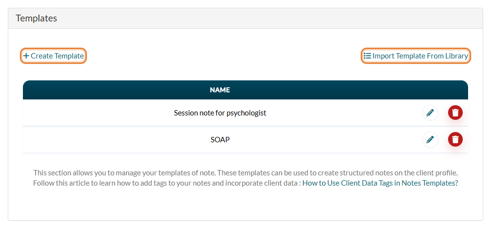 Templates section in Settings > Notes, with the Create Template and Import Template From Library links