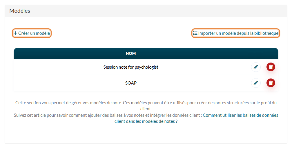 Section Modèles dans Réglages > Notes, avec les liens Créer un modèle et Importer un modèle depuis la bibliothèque