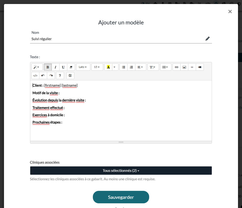 Fenêtre Ajouter un modèle avec un nom, un texte structuré contenant des balises de données client et les cliniques associées