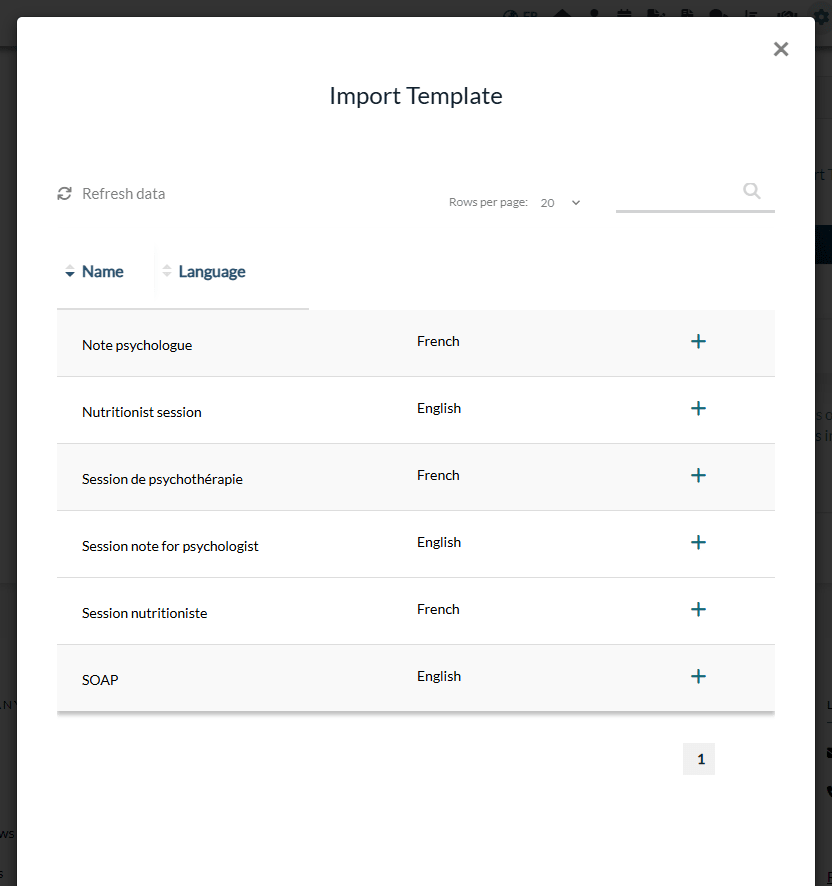 Import Template window listing the ready-made templates of the library with their language