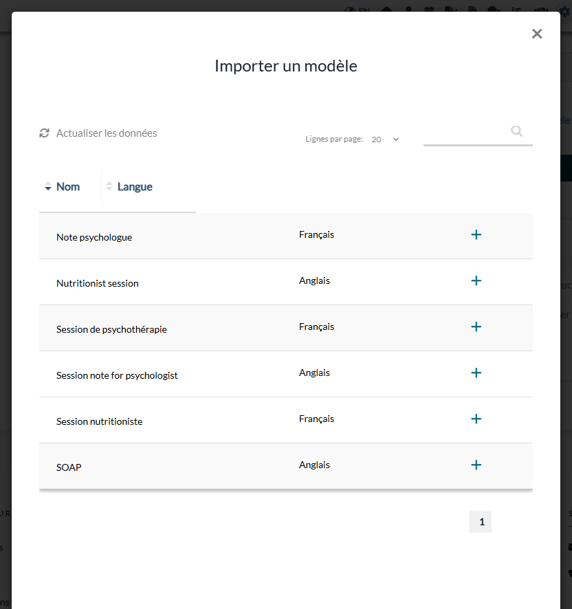 Fenêtre Importer un modèle listant les gabarits tout prêts de la bibliothèque avec leur langue