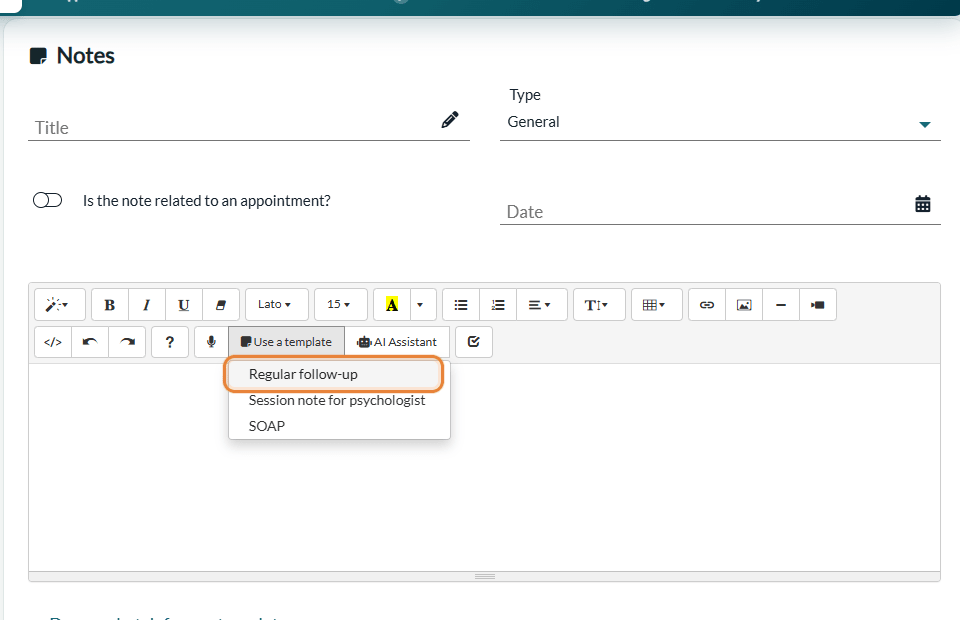 Use a template list in the toolbar of the note editor