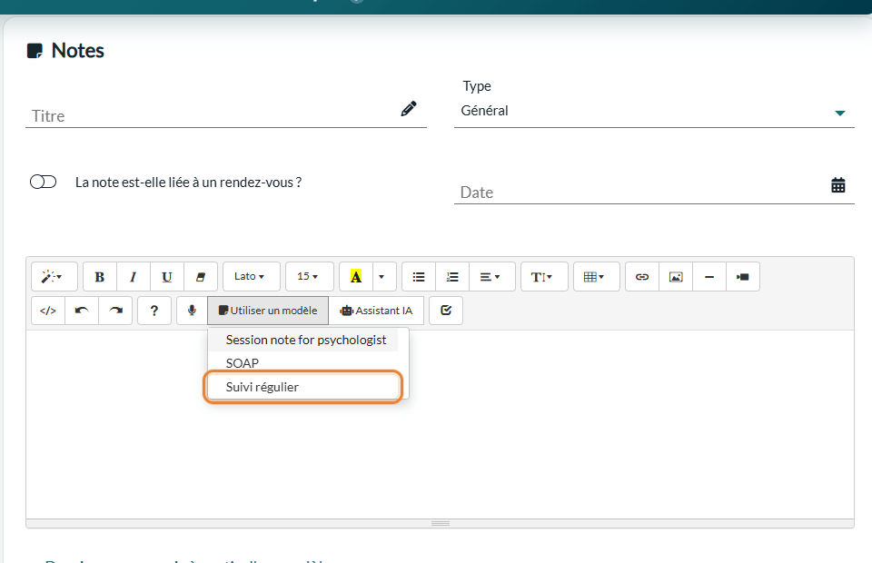 Liste Utiliser un modèle dans la barre d'outils de l'éditeur de note