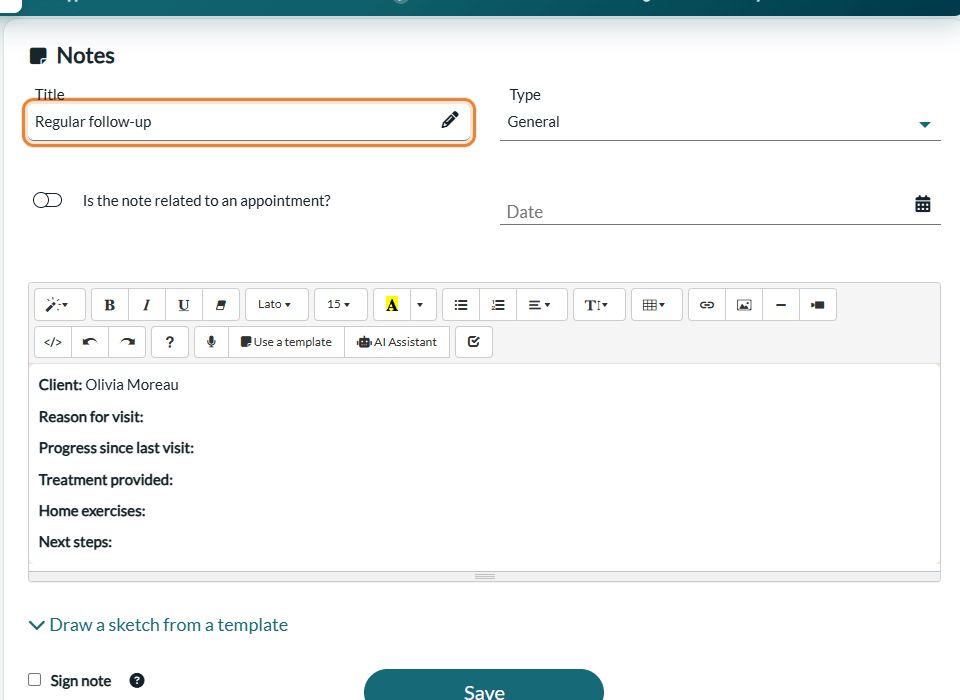 Note editor after choosing a template: the title is filled in and the client's name replaces the tags
