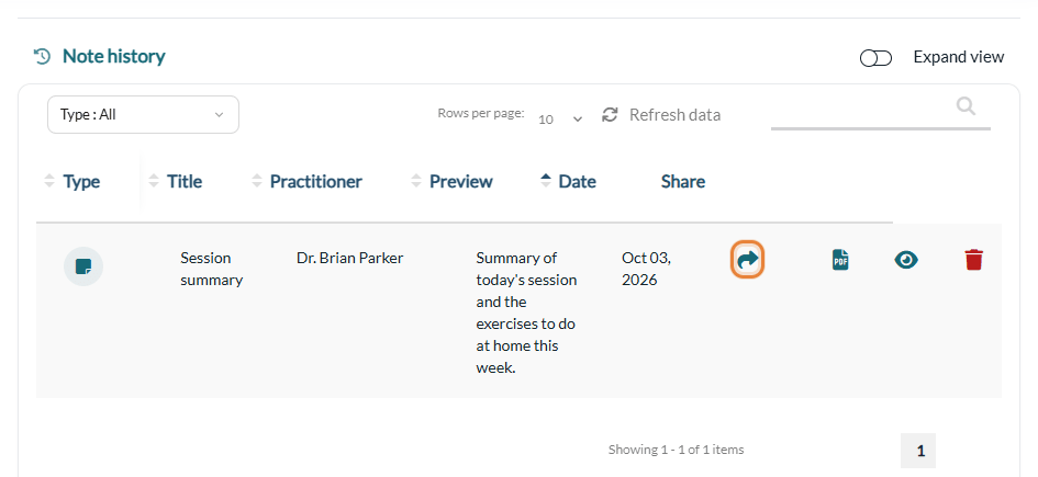 Share icon of a note in the Note history of the client record
