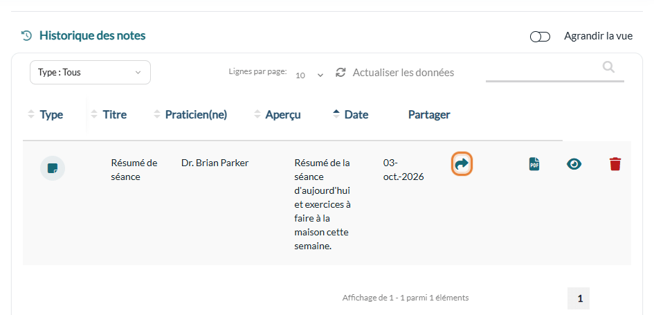 Icône de partage d'une note dans l'historique des notes du dossier client