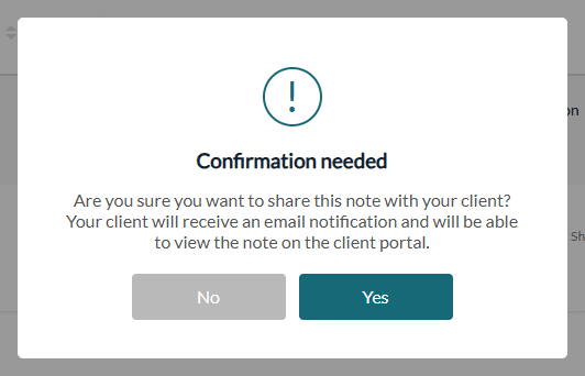 Confirmation window before sharing a note with the client