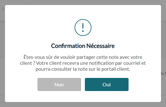 Fenêtre de confirmation avant de partager une note avec le client