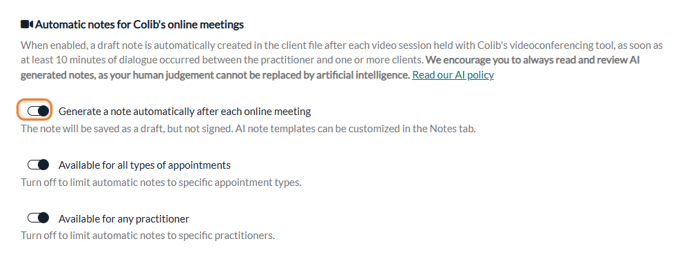 Automatic notes for Colib's online meetings section in Settings > AI