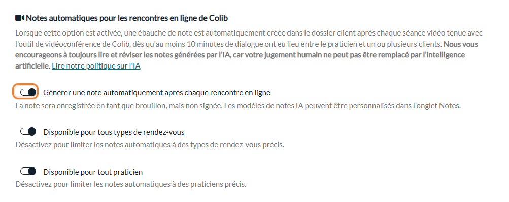 Section Notes automatiques pour les rencontres en ligne de Colib dans Réglages > IA