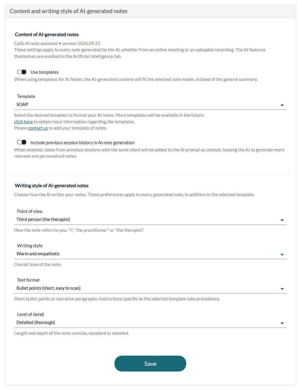 Content and writing style of AI-generated notes section in Settings > Notes