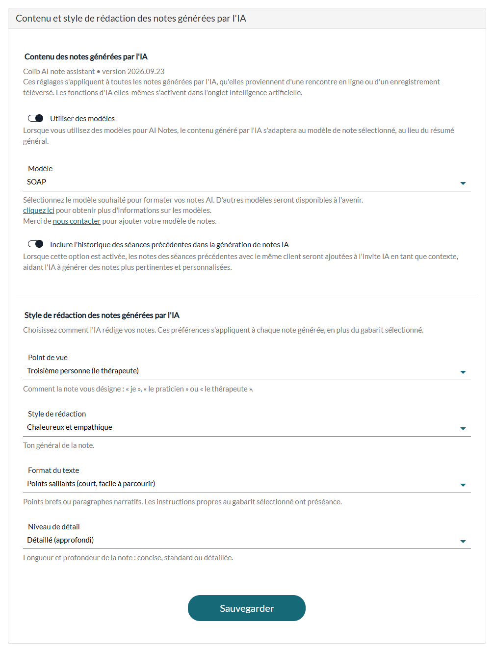 Section Contenu et style de rédaction des notes générées par l'IA dans Réglages > Notes
